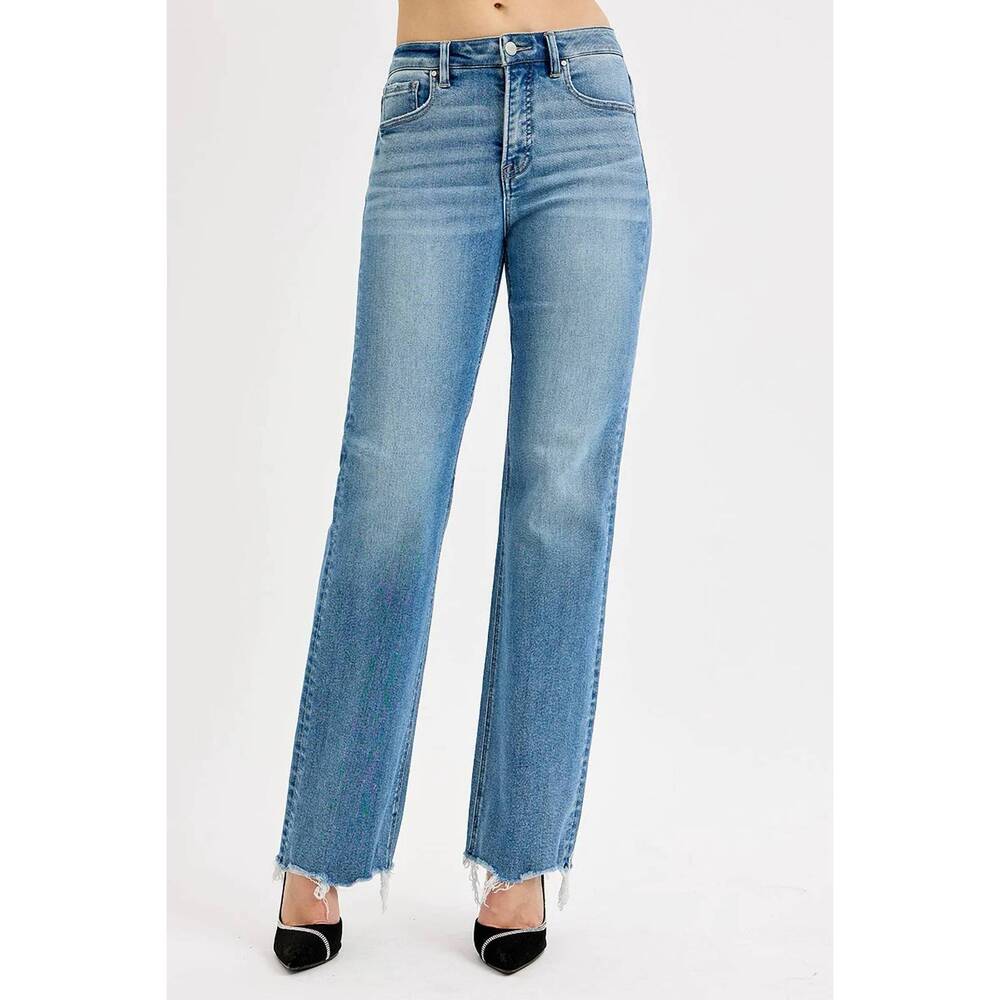 NEW RISEN tina tummy control high rise wide leg raw cut hem jeans in blue